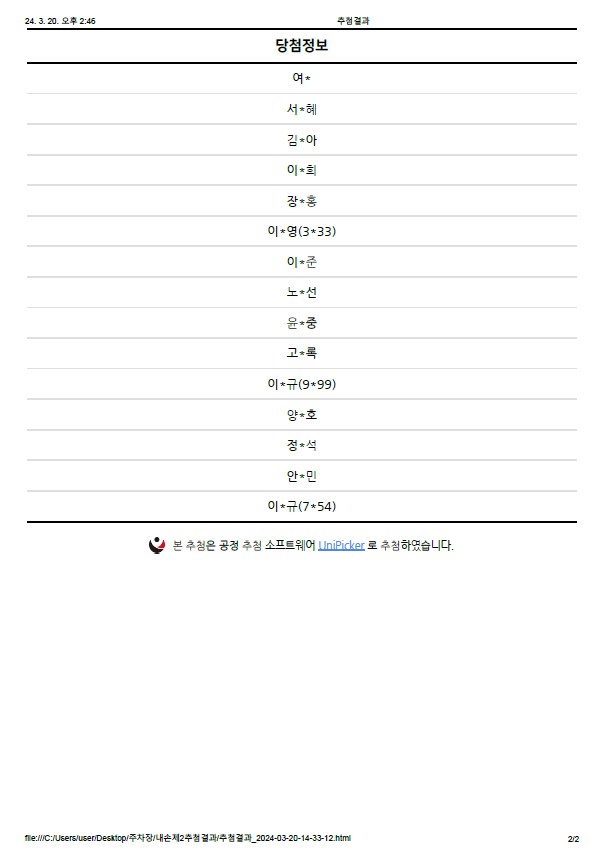 2024년 2분기 내손제2공영주차장 정기권 추첨 결과 - 자세한 내용은 다음 텍스트 참조