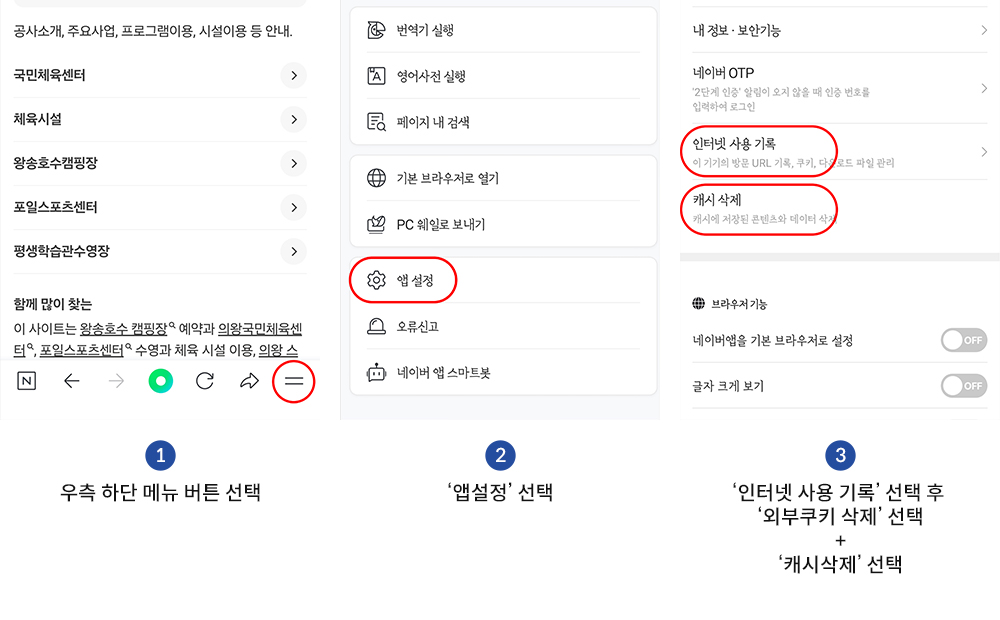 네이버 앱에서 인터넷 사용 기록과 캐시 삭제 방법 안내 이미지. 1단계 우측 하단 메뉴 버튼 선택, 2단계 앱 설정 선택, 3단계 인터넷 사용 기록에서 외부쿠키 삭제와 캐시 삭제를 선택하도록 단계별로 표시되어 있음